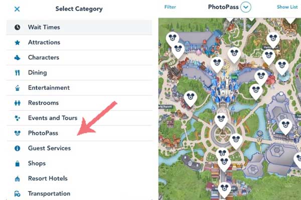 Foto do aplicativo My Disney Experience com uma seta onde está escrito Photopass