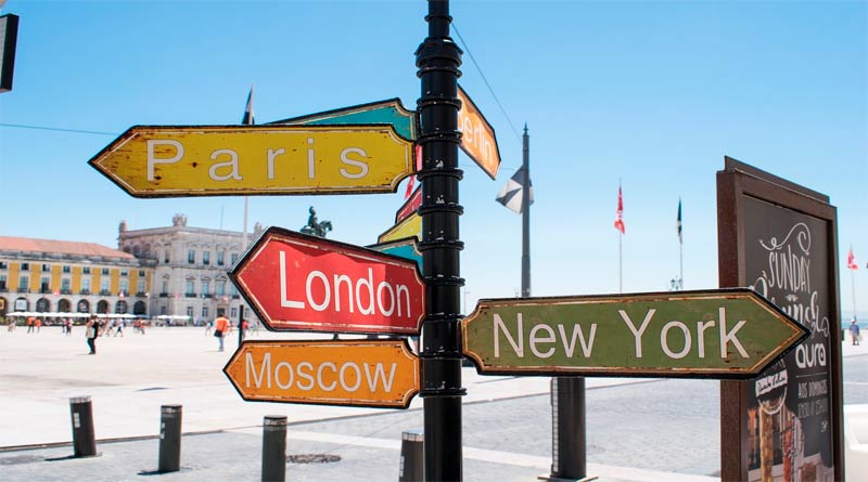 Placas mostrando a direção Paris, Londres, Nova York e Moscou