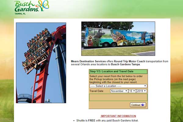 Primeiro passo para reservar o transporte gratuito Busch Gardens