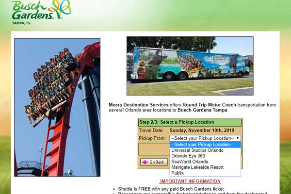 Segundo passo para fazer a reserva do transporte gratuito Busch Gardens