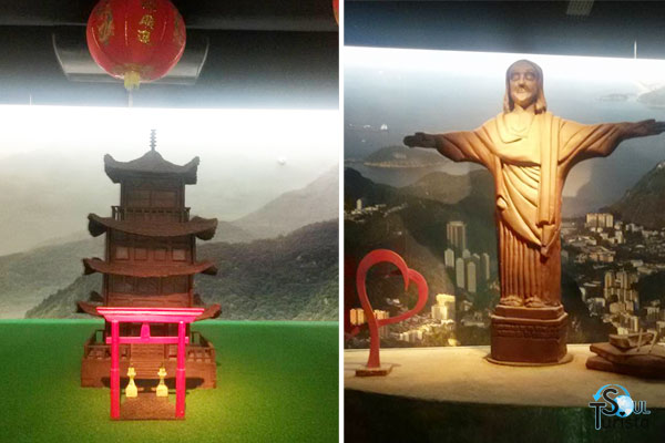 Monumentos turísticos do Japão e Cristo Redentor do Rio de Janeiro feito de chocolate