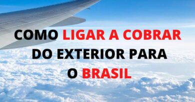 Foto tirada através da janela de um avião com o céu coberto por nuvens e escrito a mensagem Como ligar a cobrar do exterior para o Brasil