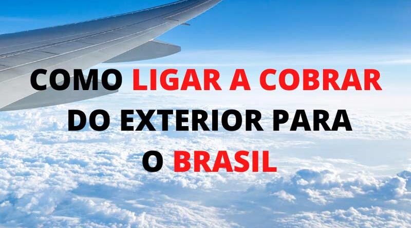 Foto tirada através da janela de um avião com o céu coberto por nuvens e escrito a mensagem Como ligar a cobrar do exterior para o Brasil