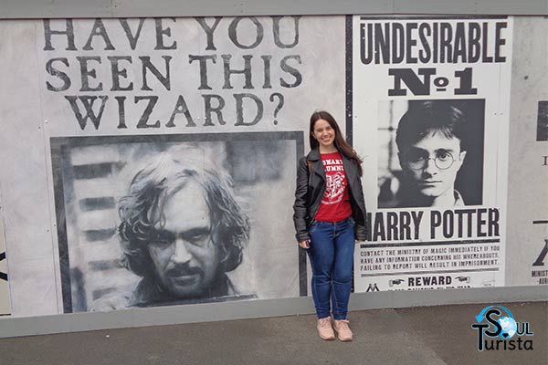 Minha foto no mural do tour studios Harry Potter na Warner Bros com cartaz de procurado de Harry e Sirius Black