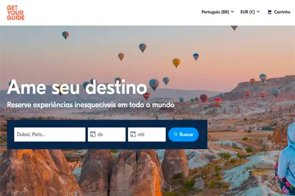 Tela inicial do site Get Your Guide para pesquisar ingressos mundo afora