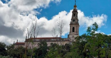 Céu azul, algumas árvores bem verdes que ficam ao redor da igreja e ao fundo está a Basílica Nossa Senhora do Rosário em Fatima Portugal