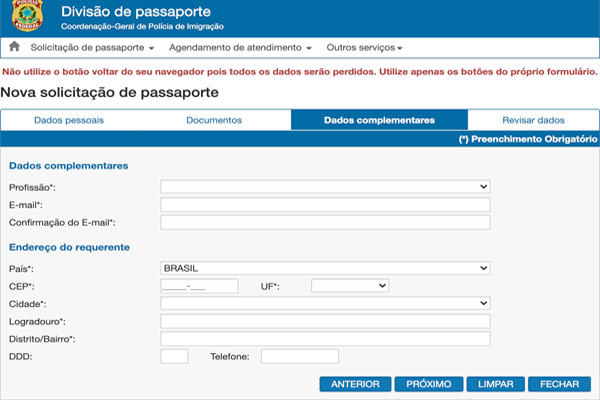 Pagina de requerimento de como tirar passaporte no site da Policia Federal