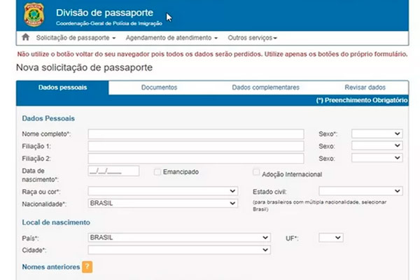 Pagina de requerimento de passaporte no site da Policia Federal