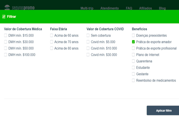 Filtro oferecido pelo site da Seguros Promo para seguro viagem para esportes radicais